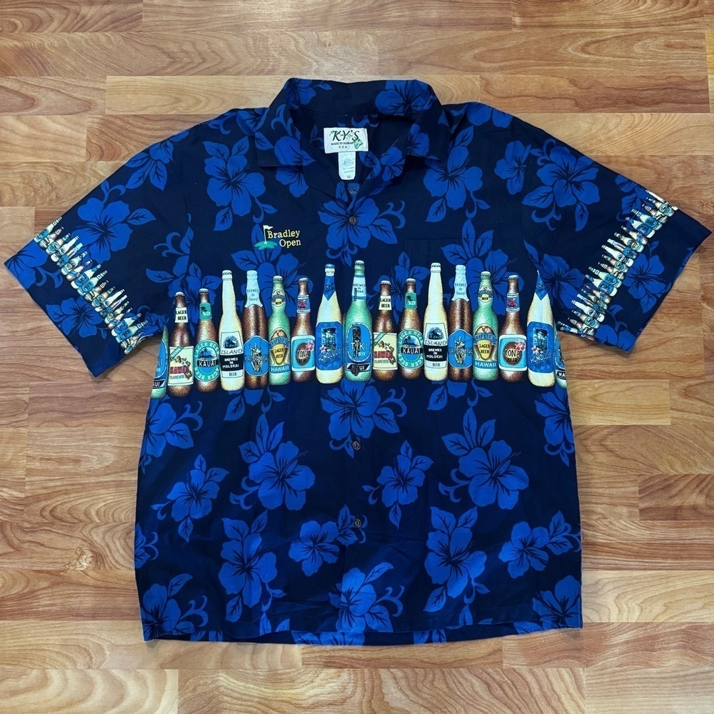 Vintage KY's Hawaiian Beer Shirt Mens XL Beach Floral Golf Bradley Open USA Made